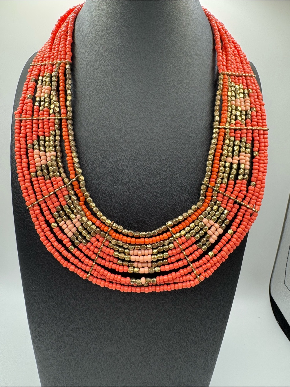 Vintage Multi-Strand Orange & Gold Seed Beaded Bib Necklace